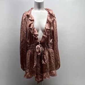 Aeom Cardigan Top Long Sleeve Tie Bow Waist V-Neck Ruffle Polka Dot Pink Medium